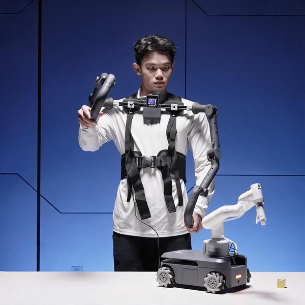 Manipulate the robotic arm to pick up the building blocks