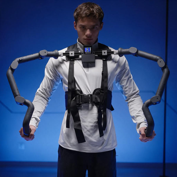 A person wearing a portable exoskeleton robot controller